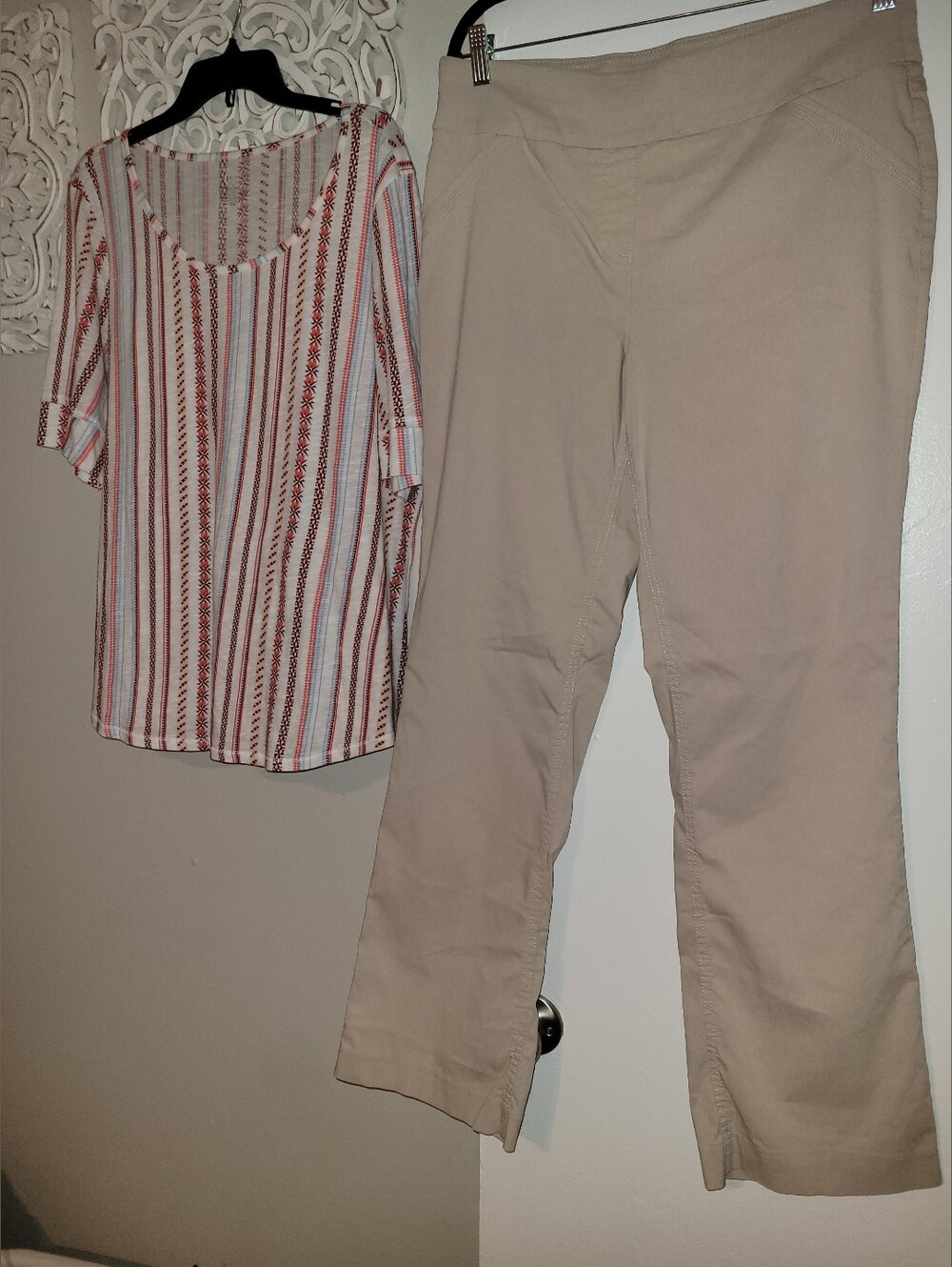 Khaki Boot Cut Ponte Pants & Ruffle Sleeve Shirt SIZE 12-14 / LARGE Outfit Set